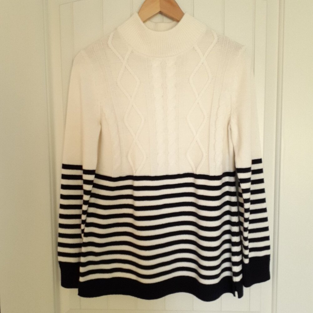 Talbots Fisherman Striped Mockneck Sweater Cream/Ivory Blue Size MP